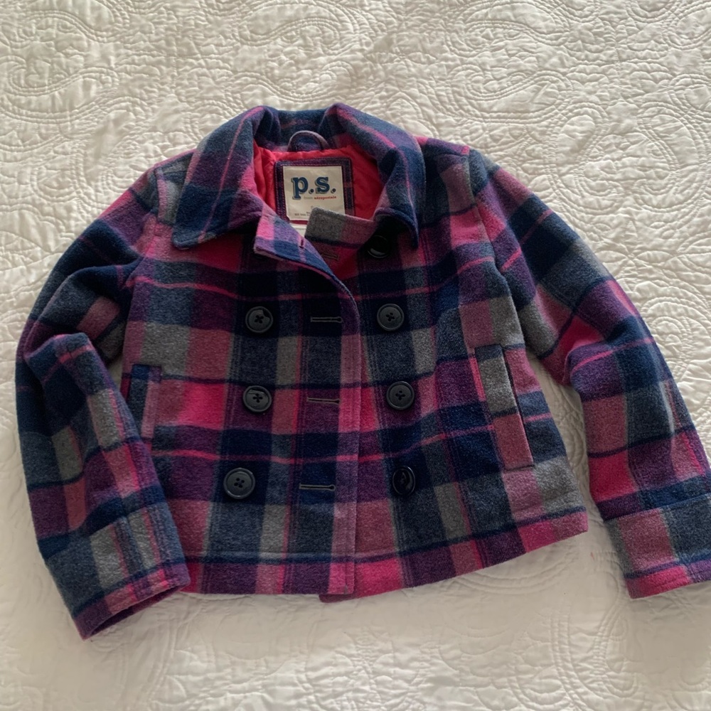 Kids Plaid Pea Coat - Pink and Blue